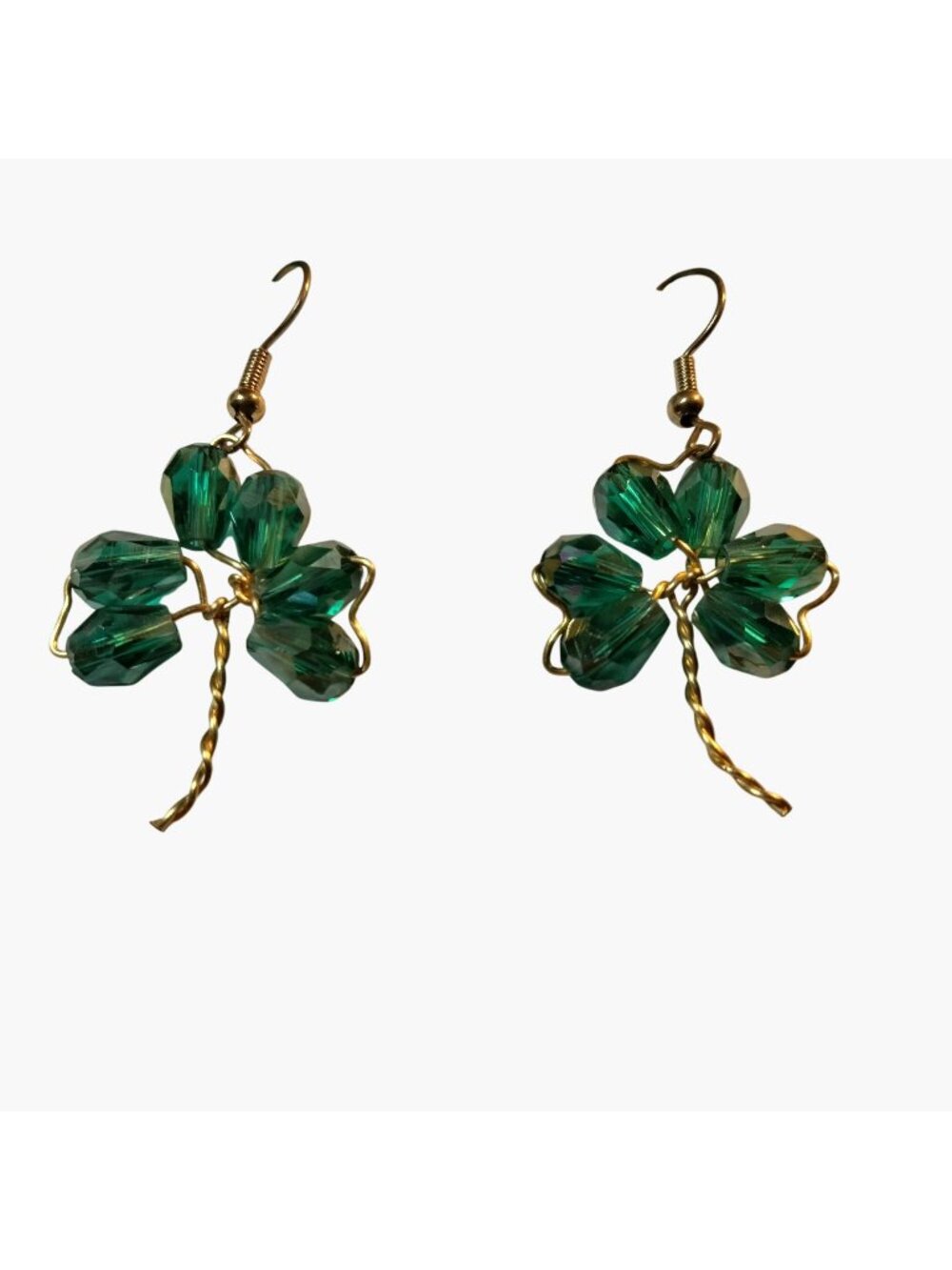 Green Crystal Shamrock Earrings Clover Drop Gold Tone Wire Wrap St Patricks Day